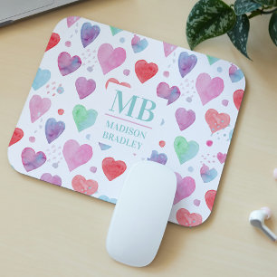 Farbige Wasserfarben-Herzen-Monogramm-Name Mousepad