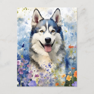 Farbige Wasserfarben-Kunst eines Huskys Postkarte