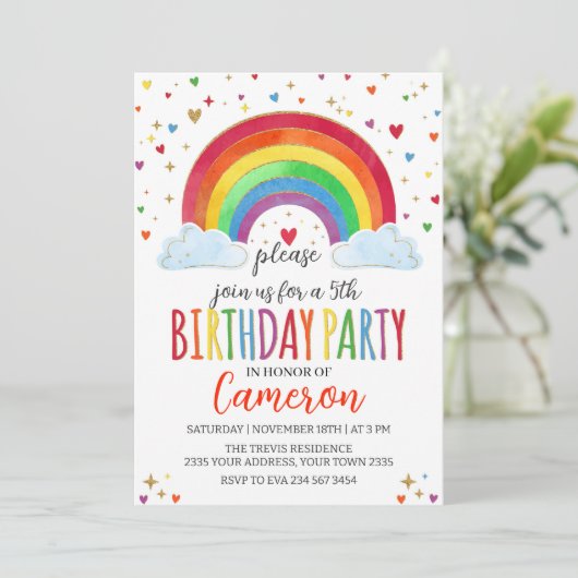 Farbige Wasserfarben-Regenbogen-Mädchen-Geburtstag Einladung (Stehend Vorderseite)