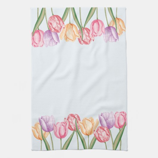 Farbige Wasserfarben-Tulpen auf Hellblau Geschirrtuch (Vertikal)