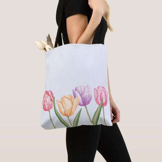 Farbige Wasserfarben-Tulpenblumen auf Hellblau Tasche (Von Nahem)