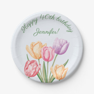 Farbige Wasserfarben-Tulpenblumen Frohes Geburtsta Pappteller