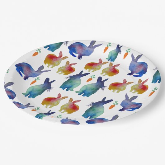 Farbige Wasserfarbenkaninchen Pappteller (Schrägansicht)