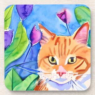 Farbige Wasserfarbenkunst   Orange Katze und Blume Getränkeuntersetzer