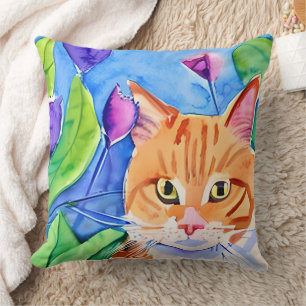 Farbige Wasserfarbenkunst Orange Katze und Blume Kissen