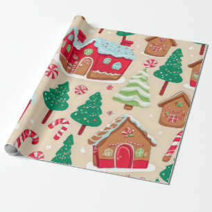 Farbige Weihnachts-Lebkuchenhäuser Baum Muster Geschenkpapier