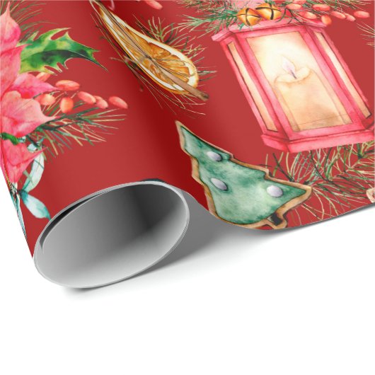 Farbige Weihnachtssymbole Muster Roter Hintergrund Geschenkpapier (Rolleneckpunkt)