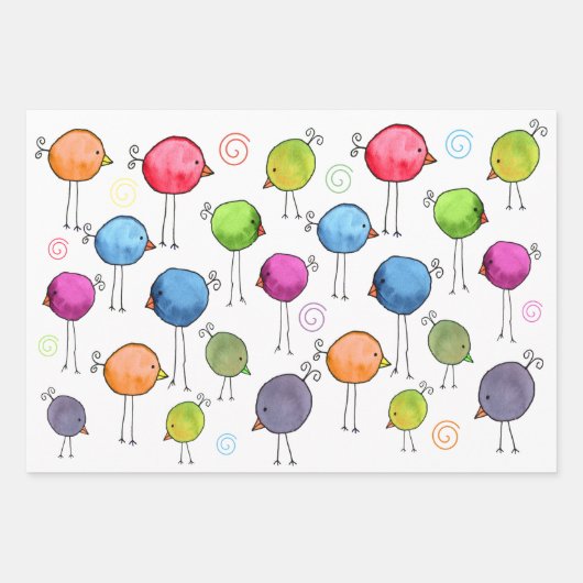 Farbige Whimsikvögel Geschenkpapier Set (Vorderseite)
