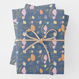 Farbige Wiese auf Blau Geschenkpapier Set