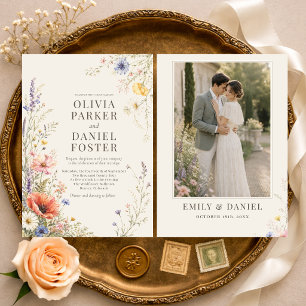 Farbige Wiesen-Wildblumen-Foto-Boho-Hochzeit Einladung