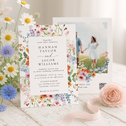 Farbige Wiesen-Wildblumen-Hochzeit QR-Code Einladung