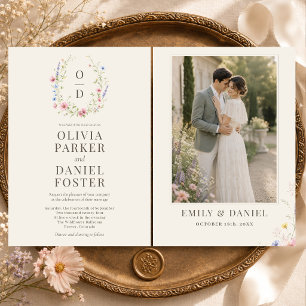 Farbige Wiesen-Wildblumen-Monogramm-Foto-Hochzeit Einladung