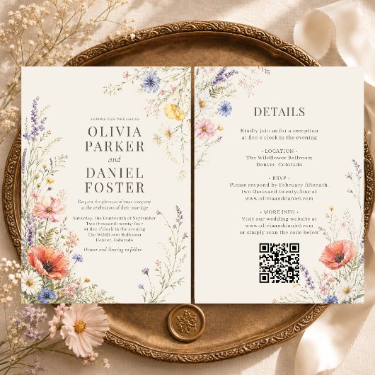 Farbige Wiesen-Wildblumen-QR-Code-Boho-Hochzeit Einladung