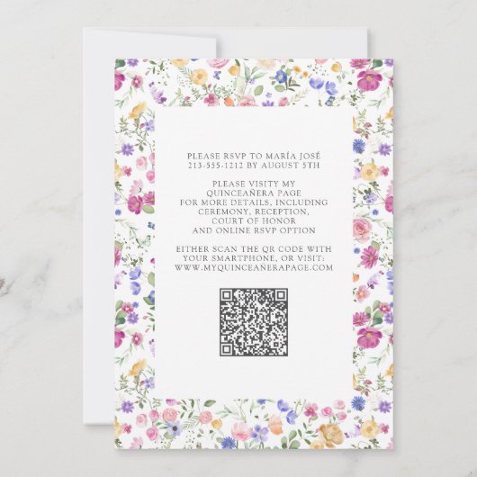 Farbige Wildblume Blumengarten QR Quinceañera Einladung (Rückseite)