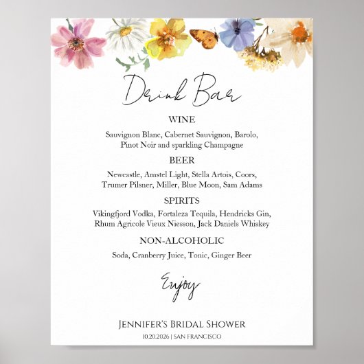 Farbige Wildblume Brautparty Drinks Menü Signatur Poster (Vorne)