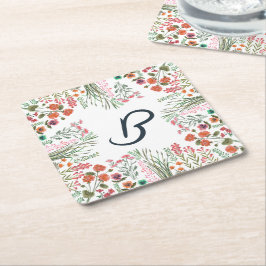Farbige Wildblume Brautparty Monogramm Rechteckiger Pappuntersetzer