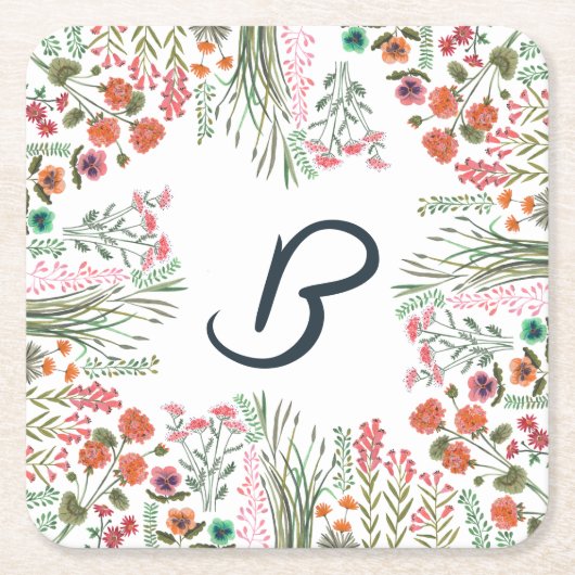 Farbige Wildblume Brautparty Monogramm Rechteckiger Pappuntersetzer (Vorderseite)
