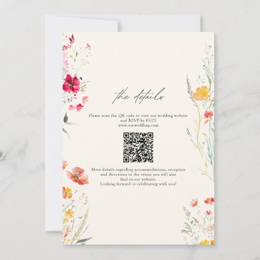 Farbige Wildblume Cream Wedding QR Code Einladung (Rückseite)