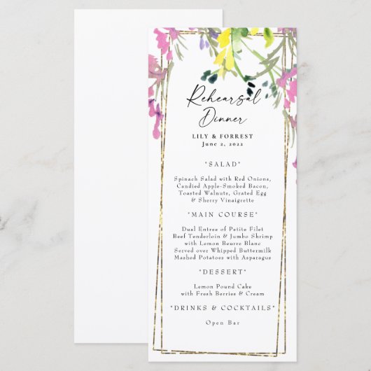 Farbige Wildblume Probe Dinner Menü Menükarte (Vorne/Hinten)