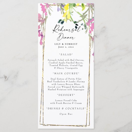 Farbige Wildblume Probe Dinner Menü Menükarte (Vorderseite)