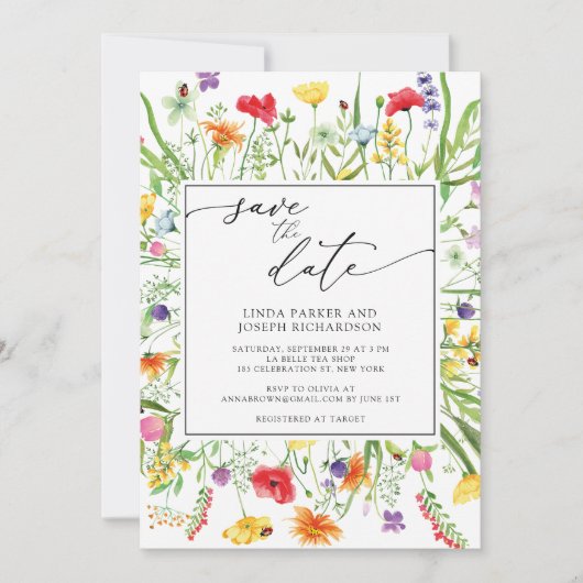 Farbige Wildblume Save the Date Wiese Einladung (Vorderseite)