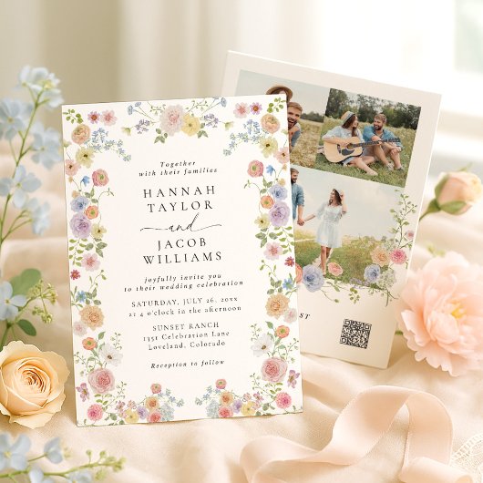 Farbige Wildblumen-Blumen-Photo-QR-Code-Hochzeit Einladung