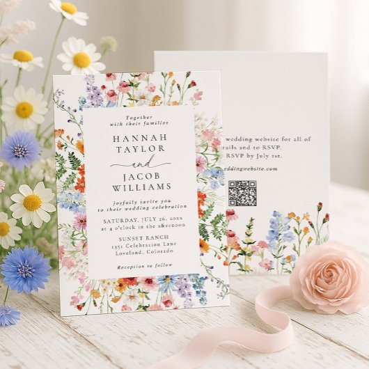 Farbige Wildblumen-Blumen-QR-Code-RSVP-Hochzeit Einladung