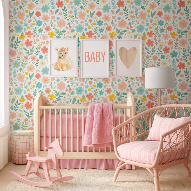 Farbige Wildblumen Blumen Wallpaper Tapete (A charming baby nursery featuring a joyful & fresh color palette, with a focus a stunning wallpaper)