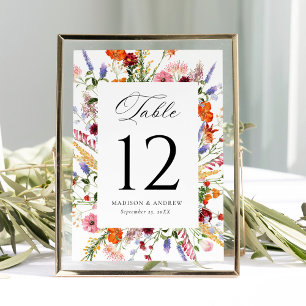 Farbige Wildblumen-Hochzeitstisch-Nummernkarte Einladung