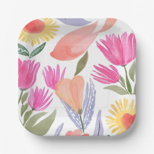 Farbige Wildblumen im Wasserfarb-Stil | Handgemalt Pappteller (Vorderseite)