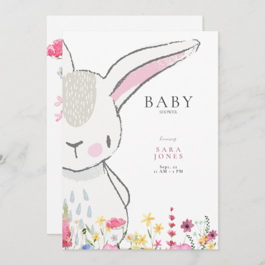 Farbige Wildblumen Kaninchendusche Einladung (Vorne/Hinten)