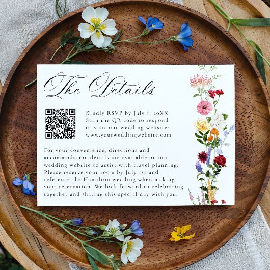 Farbige Wildblumen-QR-Code-Hochzeitsdetails Begleitkarte
