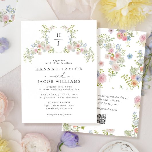 Farbige Wildblumen-QR-Code-Monogramm-Hochzeit Einladung