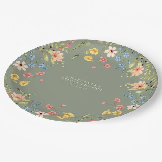 Farbige Wildblumen Sage Garden Brautparty Pappteller (Schrägansicht)