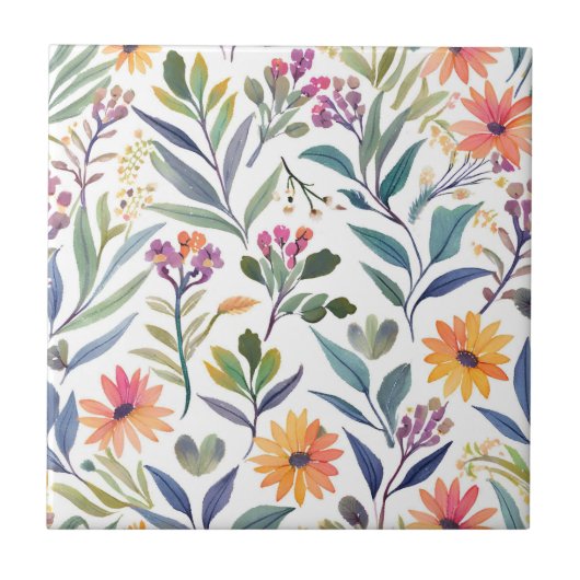 Farbige Wildblumen | Schöne florale Wasserfarben Fliese (Vorderseite)