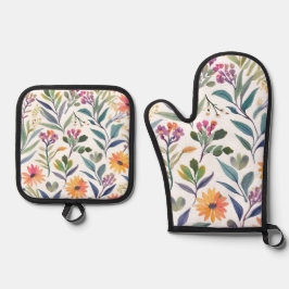Farbige Wildblumen | Schöne florale Wasserfarben Ofenhandschuh & Topflappen-Set