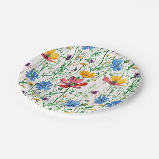 Farbige Wildblumen und grünes Gras Pappteller (Schrägansicht)