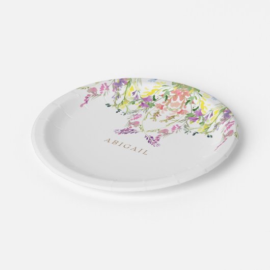 Farbige Wildblumen Wasser Gold Individuelle Name Pappteller (Schrägansicht)