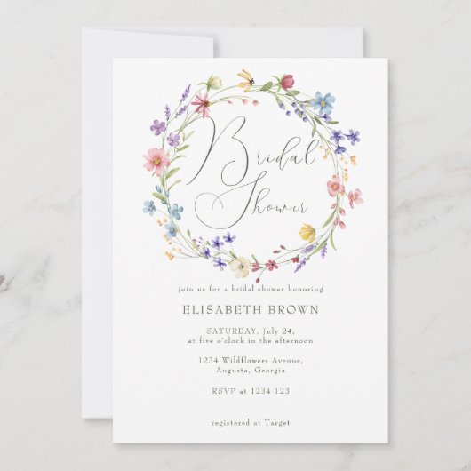 Farbige Wildblumen Wreath Garden Brautparty Einladung (Vorderseite)