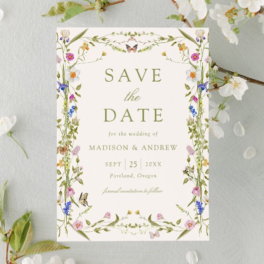 Farbige Wildblumenwiese Creme Hochzeit Save The Date