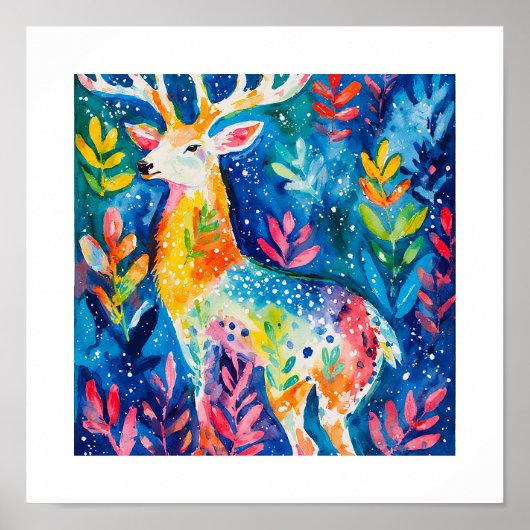 Farbige Winterhirsch-Aquarellmalerei Poster (Vorne)