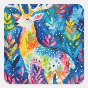Farbige Winterhirsch-Aquarellmalerei Quadratischer Aufkleber