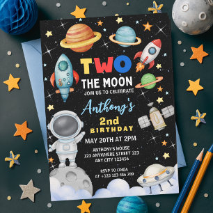 Farbige Zwei Auf Den Mond Raum Rakete Geburtstag Einladung