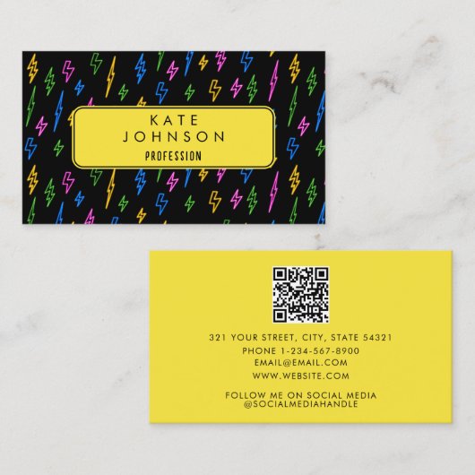 Farbiger 80er Retro Neon Lightning QR Code Visitenkarte (Vorne/Hinten)