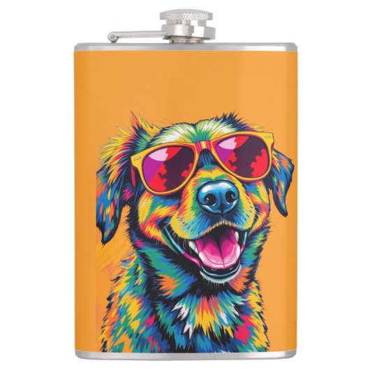 Farbiger abstrakter Hund mit Sonnenbrille Flachmann (Vorderseite)