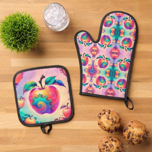 Farbiger Apfel Ofenhandschuh & Topflappen-Set (Oben Unten)