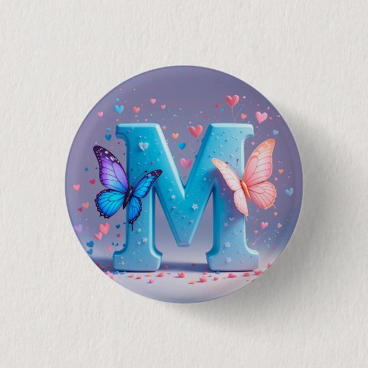 Farbiger Buchstabe M mit Schmetterlingen Button (Vorderseite)