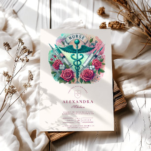 Farbiger Caduceus Nurse Abschluss mit Spritzen Einladung