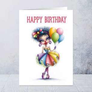Farbiger Clown hält Luftballons zum Geburtstag Karte