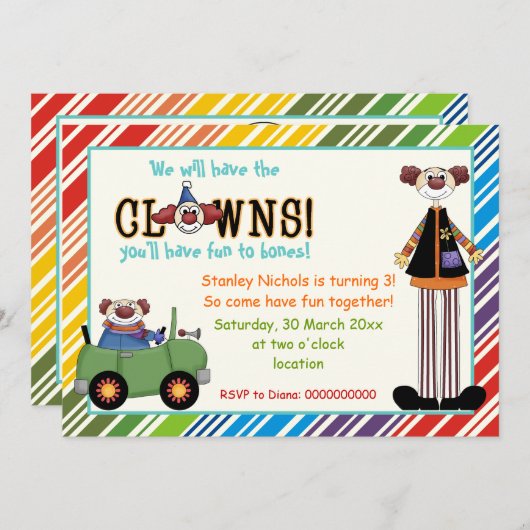 Farbiger Clown-Streifen-Kindergeburtstag Einladung (Vorne/Hinten)